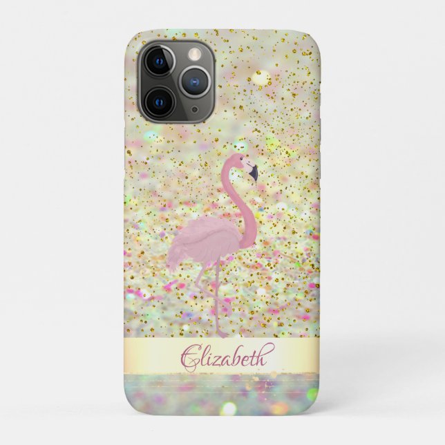 Capa Para iPhone 11 Pro Flamingo Rosa Brilho Bokeh Confete (Verso)