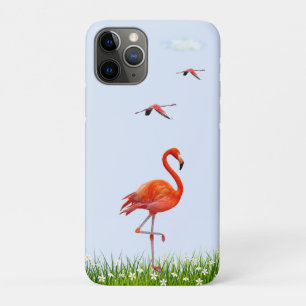 Capa Para iPhone 11 Pro Flamingo Rosa & Prado com Flores em Azul Claro