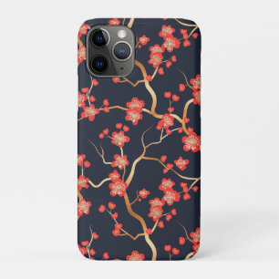 Capa Para iPhone 11 Pro Flor de Ameixa Carmesim Dourado Bronze Azul Floral