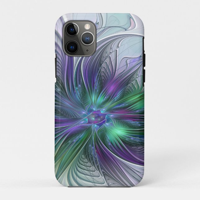 Capa Para iPhone 11 Pro Flor Moderna Abstrata Fractal Roxa Verde (Verso)