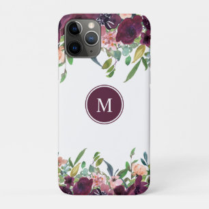 Capa Para iPhone 11 Pro Floral de Aquarela Monograma Marsala Rosa Roxo