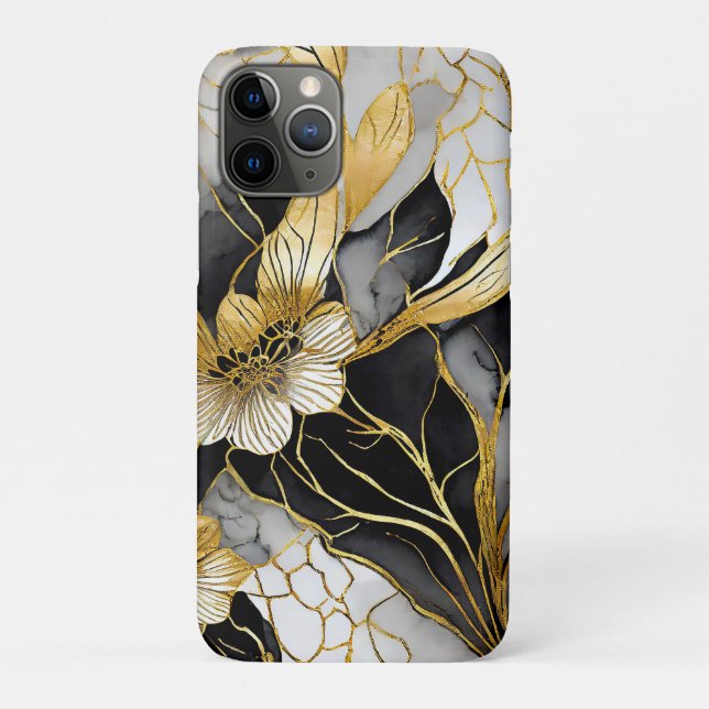 Capa Para iPhone 11 Pro Floral Preto Dourado Japonês (Verso)