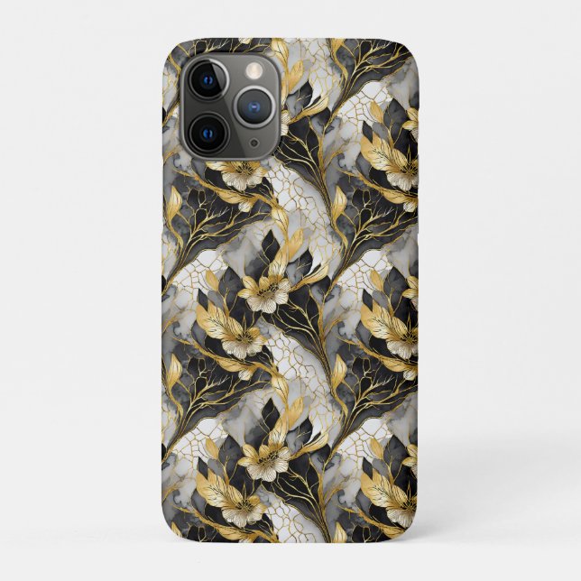 Capa Para iPhone 11 Pro Floral Preto Dourado Japonês (Verso)
