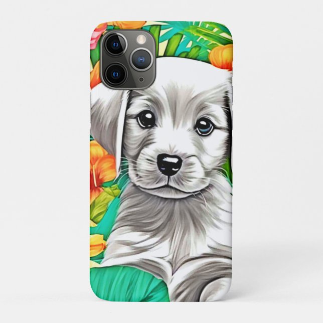 Capa Para iPhone 11 Pro Floral Puppy Art (Verso)