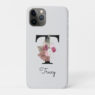 Capa Para iPhone 11 Pro Floral Rosa Monograma Inicial T