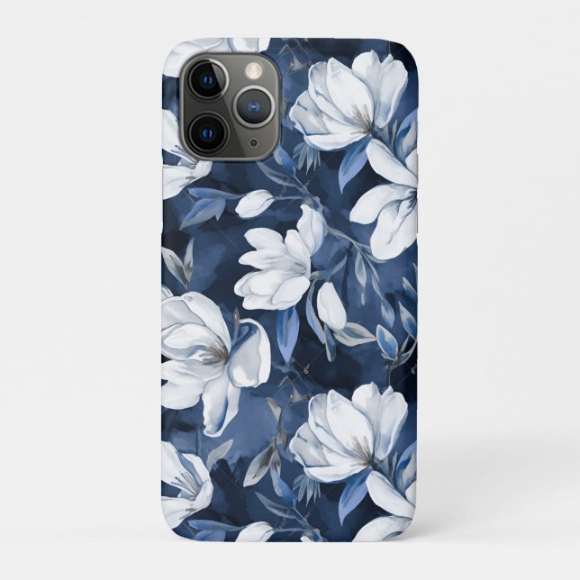 Capa Para iPhone 11 Pro Flores Brancas da Magnolia, Fundo Azul (Verso)
