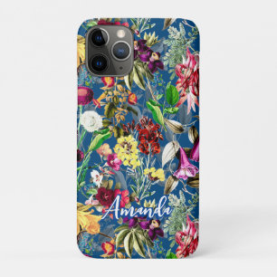 Capa Para iPhone 11 Pro Flores brancas deixam o padrão do monograma azul