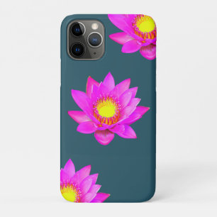 Capa Para iPhone 11 Pro Flores de lótus cor-de-rosa magenta em azul