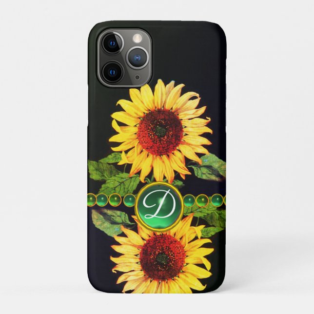 CAPA PARA iPhone 11 PRO FLORES, GEMSTONAS VERDE EMERALD MONOGRAMA FLORAL (Verso)