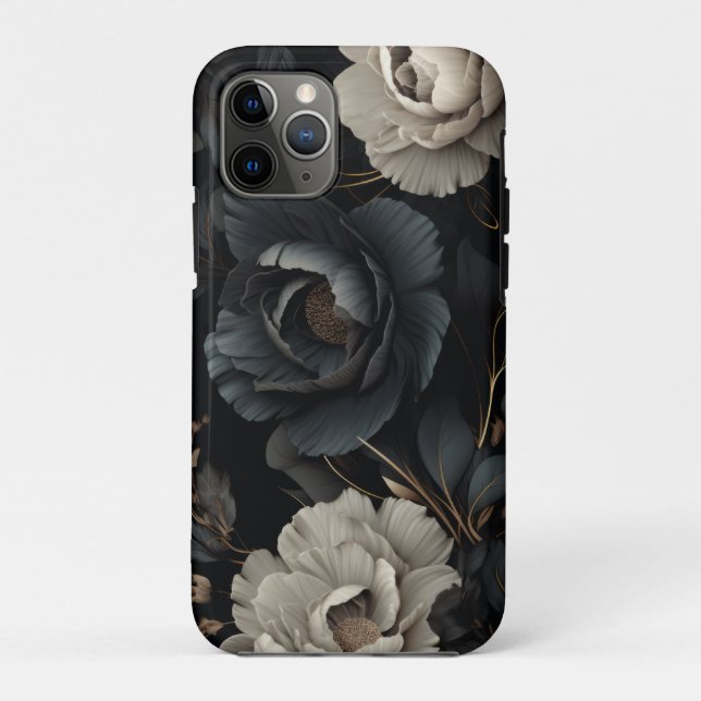 Capa Para iPhone 11 Pro Flores Pretas e Brancas (Verso)