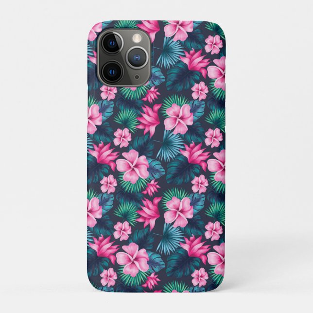 Capa Para iPhone 11 Pro Flores Rosadas com Padrão de Folhas Verdes-79066 (Verso)