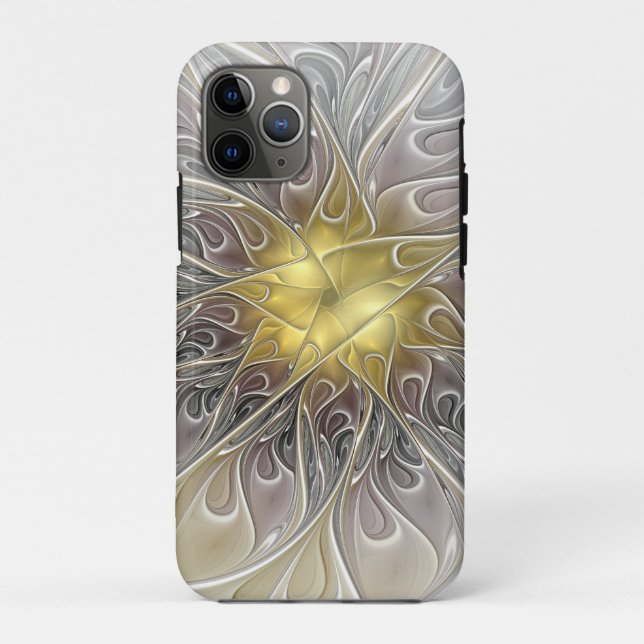 Capa Para iPhone 11 Pro Florescer Com Flor Fractal Abstrata Moderna Dourad (Verso)
