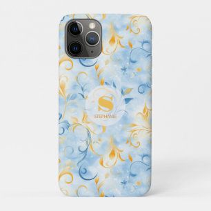 Capa Para iPhone 11 Pro Folha Elegante Azul e Dourada Inspirada em Paisley