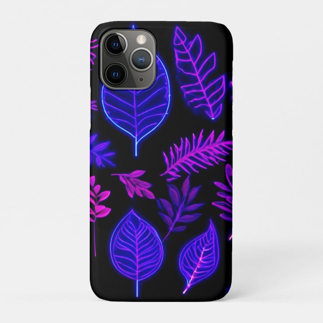 Capa Para iPhone 11 Pro Folhas de Neon em Tons Rosa e Roxo (Verso)
