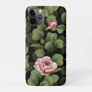 Capa Para iPhone 11 Pro Frágeis rosas. Padrão floral a preto