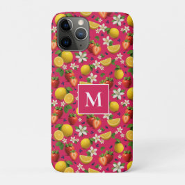 Capa Para iPhone 11 Pro Fruta fresca Morango e Monograma de Limão - Rosa