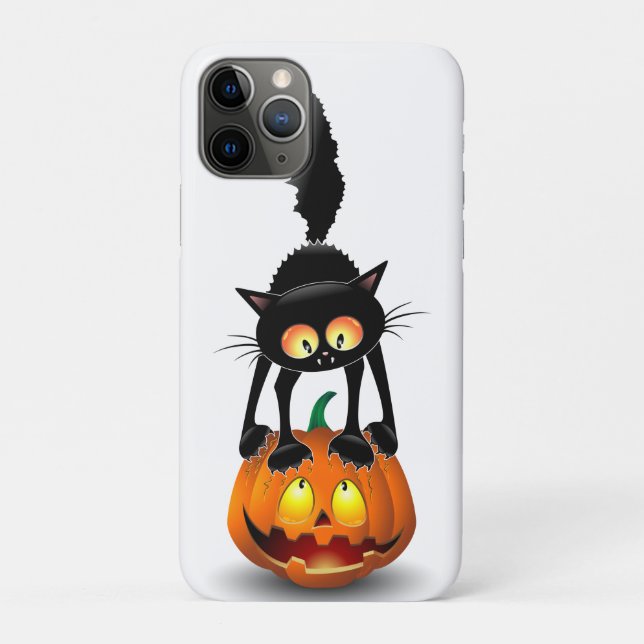 Capa Para iPhone 11 Pro Gato Halloween Caricatura Assustada na Pumpkin (Verso)