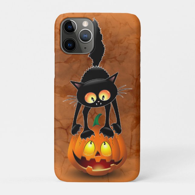 Capa Para iPhone 11 Pro Gato Halloween Caricatura Assustada na Pumpkin (Verso)