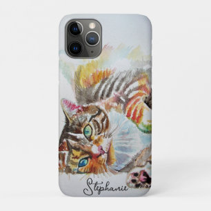 Capa Para iPhone 11 Pro Gato listrado gatos animal de estimação arte Aquar