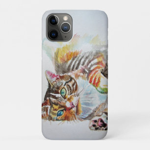 Capa Para iPhone 11 Pro Gato listrado gatos animal de estimação arte Aquar