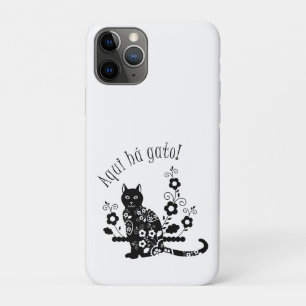 Capa Para iPhone 11 Pro Gato negro com flores e expressão portuguesa
