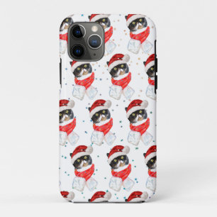 Capa Para iPhone 11 Pro Gato Tricolor de Natal Aquarela com Cachecol