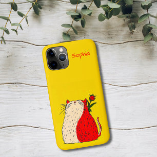 Capa Para iPhone 11 Pro Gato Vermelho e Branco com Flor