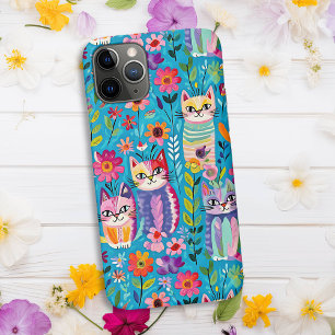 Capa Para iPhone 11 Pro Gatos e Flores Coloridos Felizes