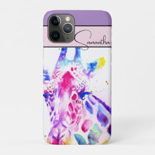 Capa Para iPhone 11 Pro Girafa Fofa Animal de Zoológico Roxo Aquarela Celu