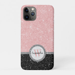 Capa Para iPhone 11 Pro Girly Pink Black Glitter Monographic Name