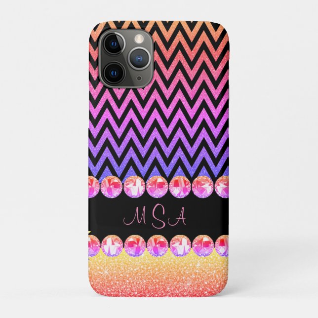 Capa Para iPhone 11 Pro Glam Chevron Monograma, Linda Púrpura, Rosa (Verso)