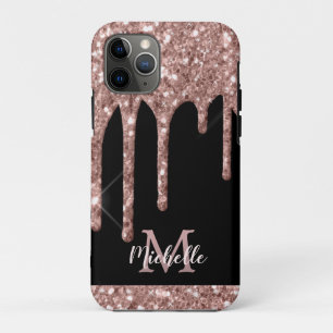 Capa Para iPhone 11 Pro Glitter Dourado com Rosa monograma em preto