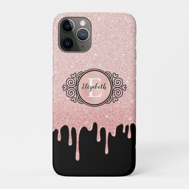 Capa Para iPhone 11 Pro Glitter Dourado Rosa preto gira monograma (Verso)