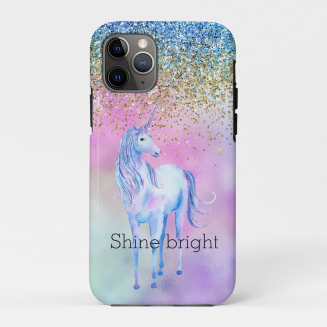Capa Para iPhone 11 Pro Gold Aqua Glitter Purple Unicorn Sparkle        (Verso)