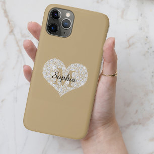 Capa Para iPhone 11 Pro Grande Coração Diamante, Monograma Dourado, Nome d