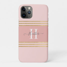 Capa Para iPhone 11 Pro Grelha de Monograma Dourada, Rosa-Blush