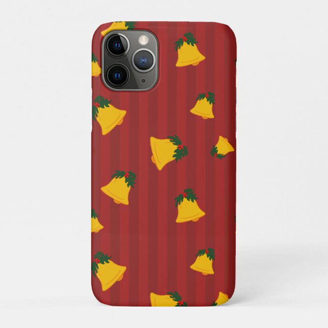 Capa Para iPhone 11 Pro Holiday Red Gold Stripe Bells Christmas (Verso)
