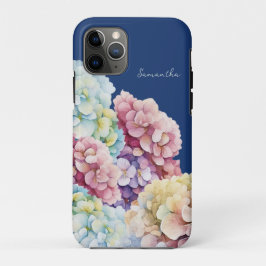 Capa Para iPhone 11 Pro Hydrangea de Aquarela Azul Personalizado