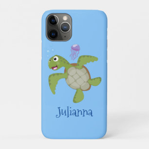 Capa Para iPhone 11 Pro Ilustração animada feliz da tartaruga verde-branca