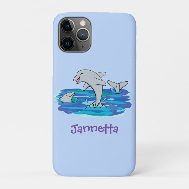 Capa Para iPhone 11 Pro Ilustração de desenho animado de golfinhos alegres (Verso)