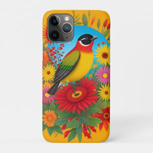 Capa Para iPhone 11 Pro Ilustração de Pássaro Colorido com Fundo Floral