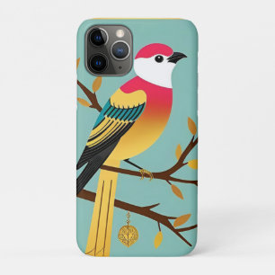 Capa Para iPhone 11 Pro Ilustração de Pássaro Colorido em uma Moldura Dour