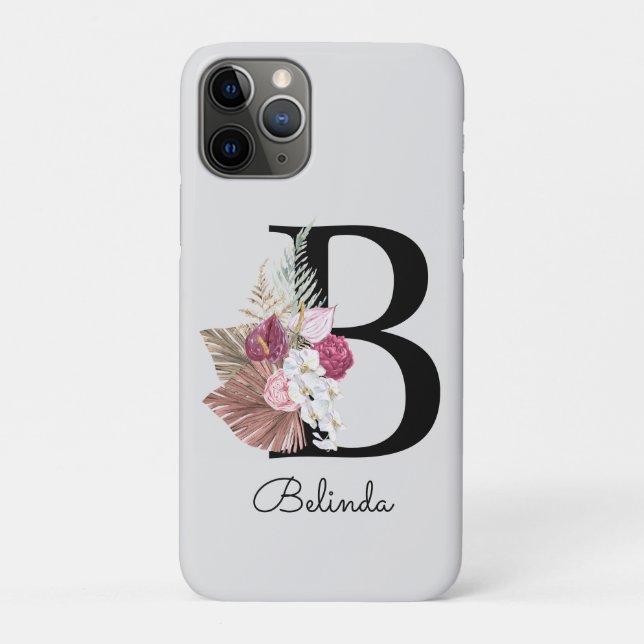 Capa Para iPhone 11 Pro Inicial B Moderno Rosa Boho Floral Feminino (Verso)