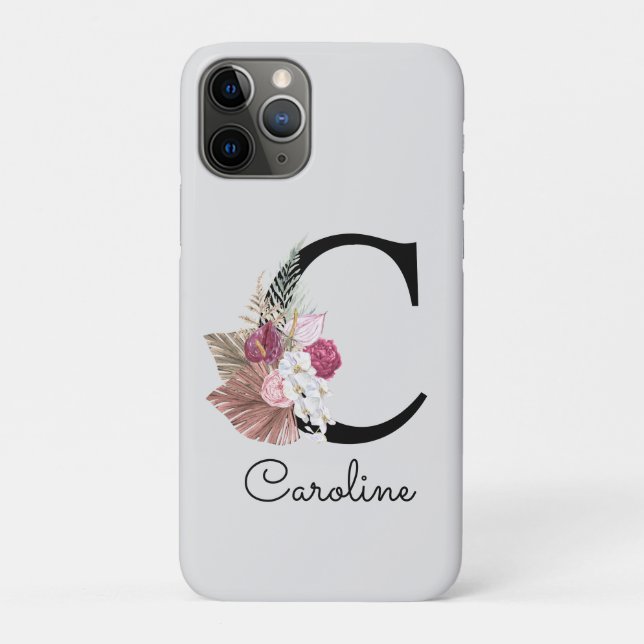 Capa Para iPhone 11 Pro Inicial C Floral Rosa Dourada Monogramada (Verso)