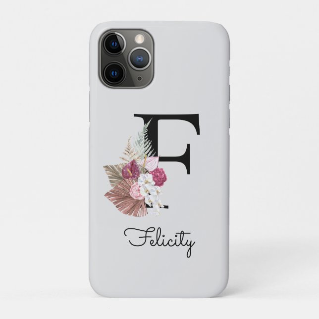 Capa Para iPhone 11 Pro Inicial F Monograma Rosa Floral Boho (Verso)