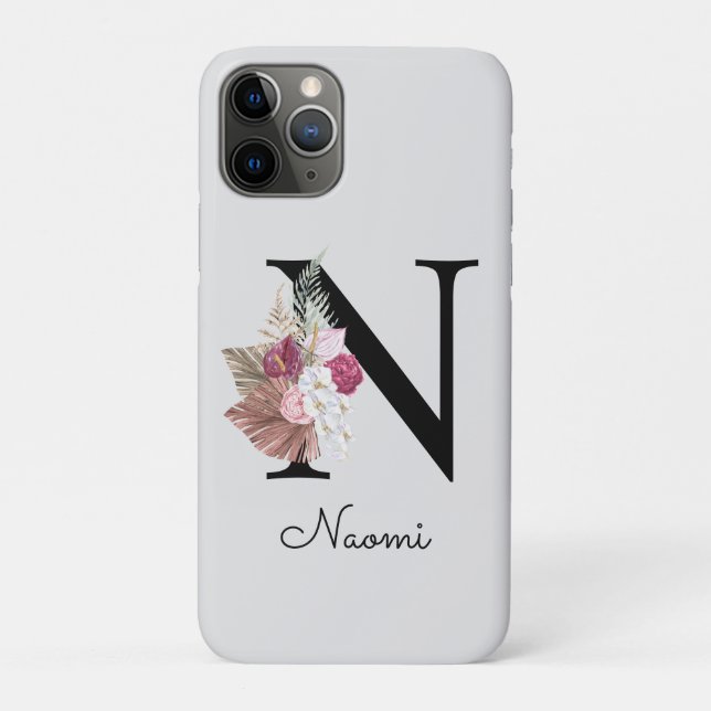 Capa Para iPhone 11 Pro Inicial Floral Boho Rosa Monogramada N (Verso)