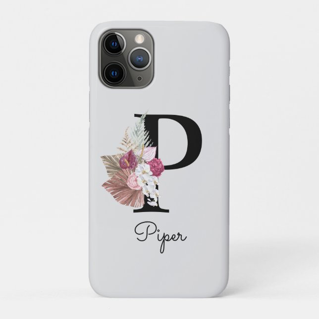 Capa Para iPhone 11 Pro Inicial Floral Boho Rosa Personalizada P (Verso)