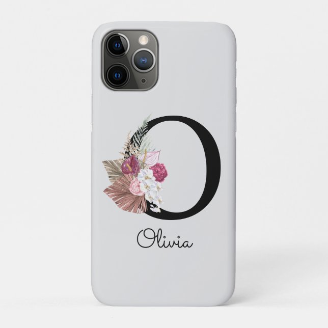 Capa Para iPhone 11 Pro Inicial O Floral Boho Rosa Monogramada (Verso)