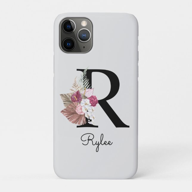 Capa Para iPhone 11 Pro Inicial R Floral Boho Rosa Monogramada (Verso)