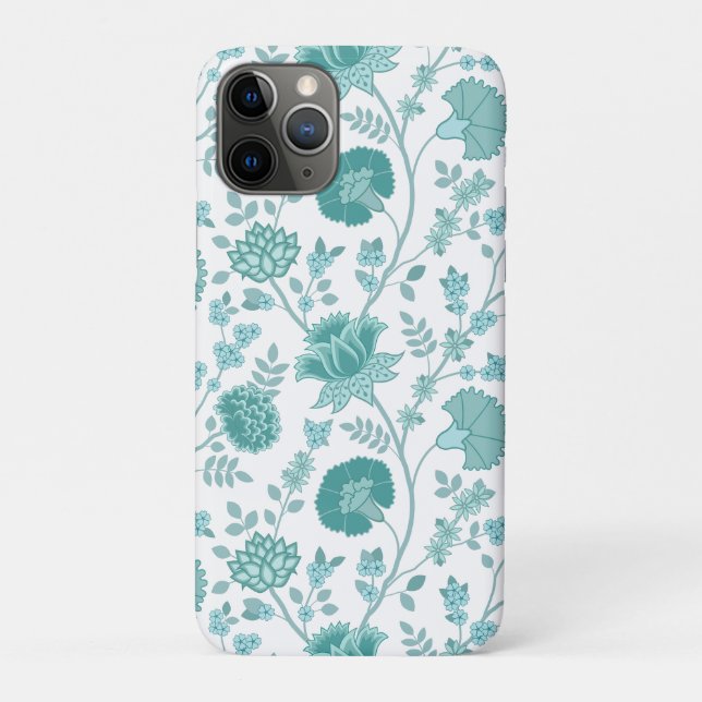 Capa Para iPhone 11 Pro Jacobean Floral Big Pattern Teals on White (Verso)